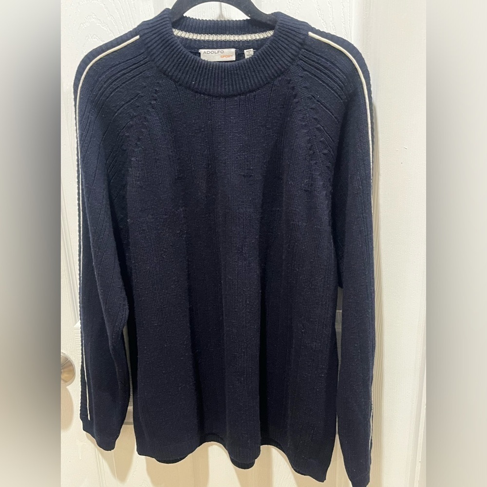 ADOLFO SPORTS SWEATER, PULL OVER ROUND NECK, NAVY BLUE SIZE L